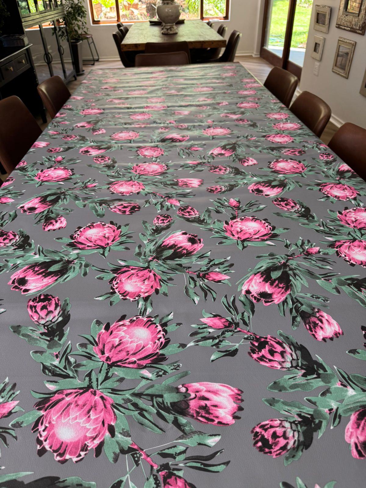 Protea on Grey Vinyl Tablecloth