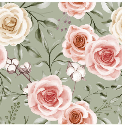 Roses Pink On Sage Material Tablecloth