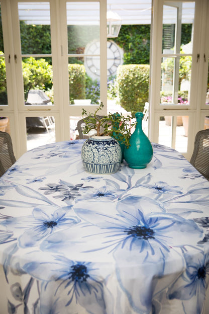 Dahlia Blue On White Material Tablecloth