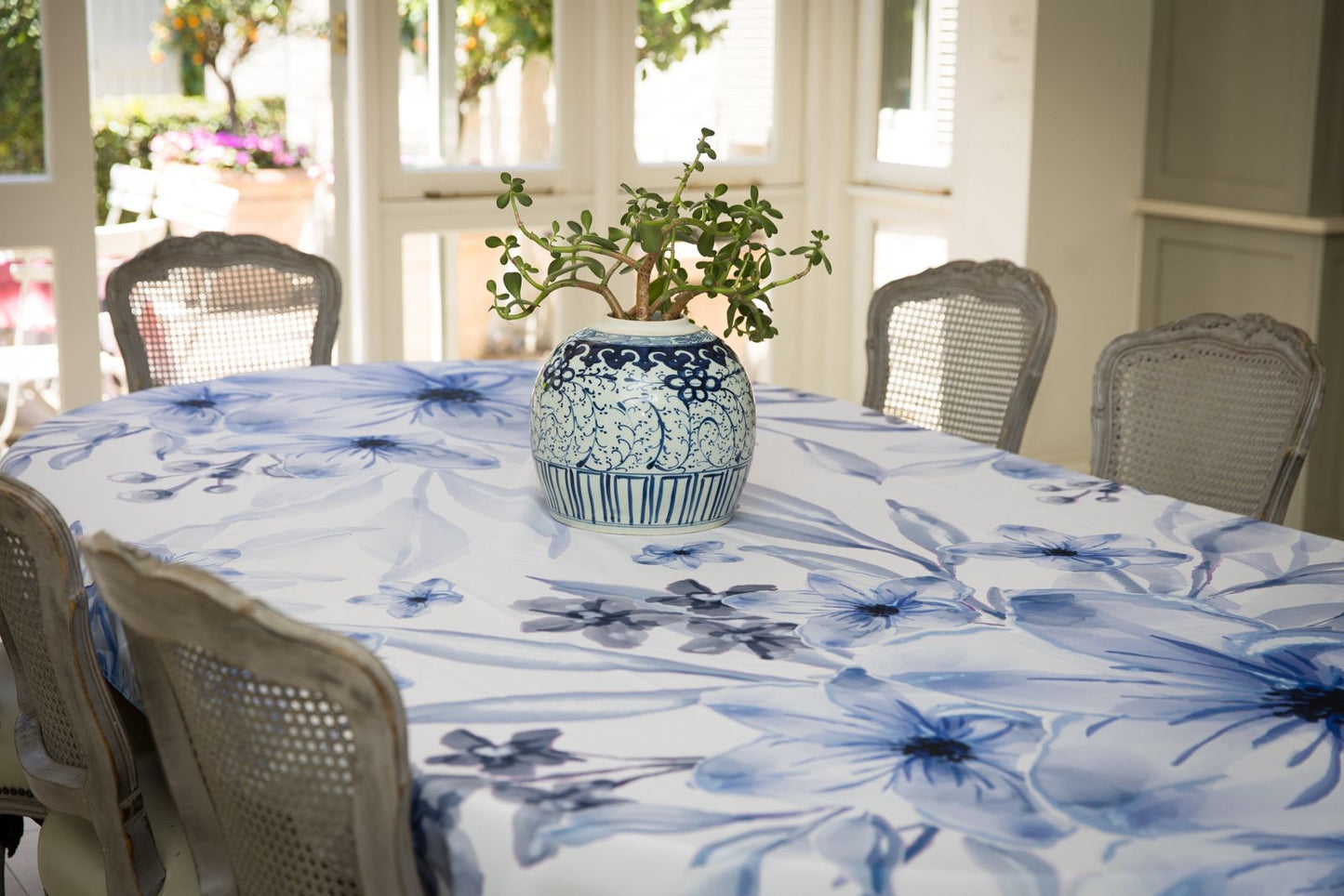 Dahlia Blue On White Material Tablecloth