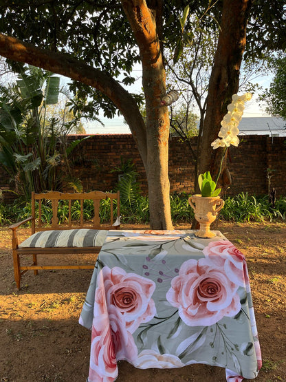 Roses Pink On Sage Material Tablecloth