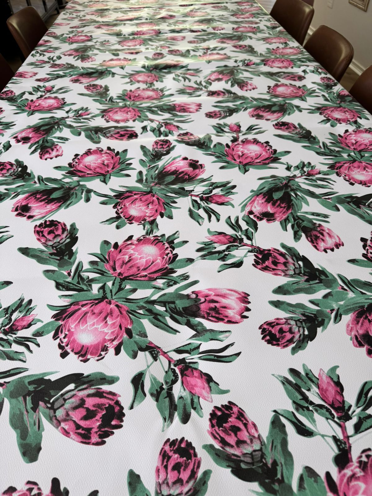 Protea on White Vinyl Tablecloth