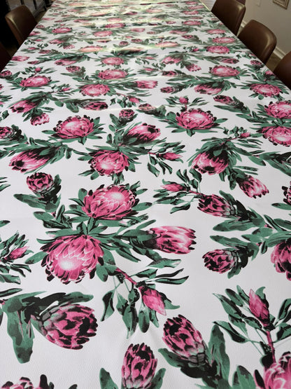 Protea on White Material Tablecloth